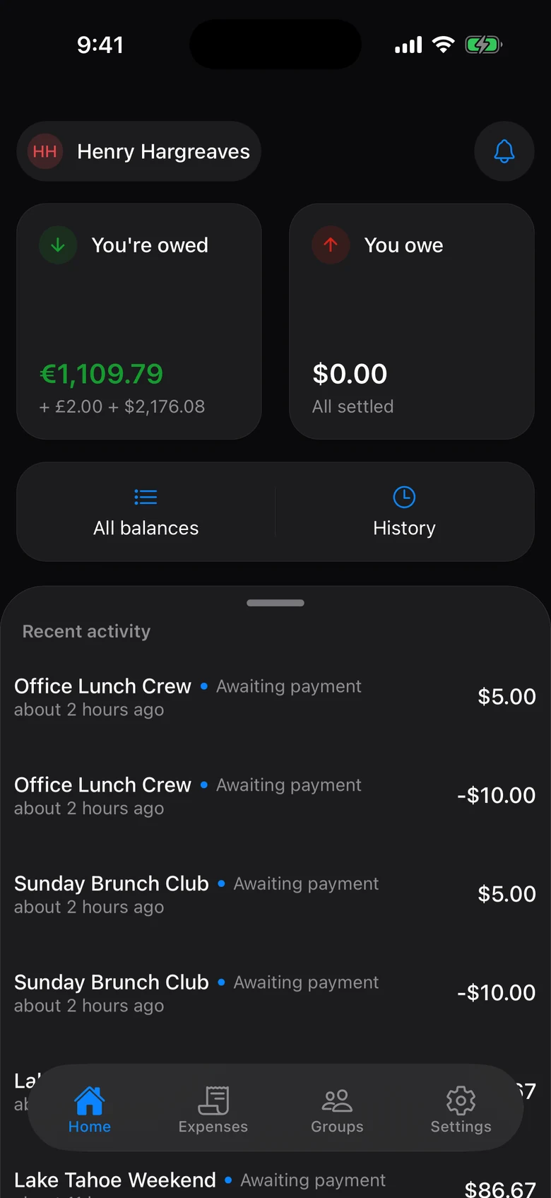 CoPAY home balances in dark mode
