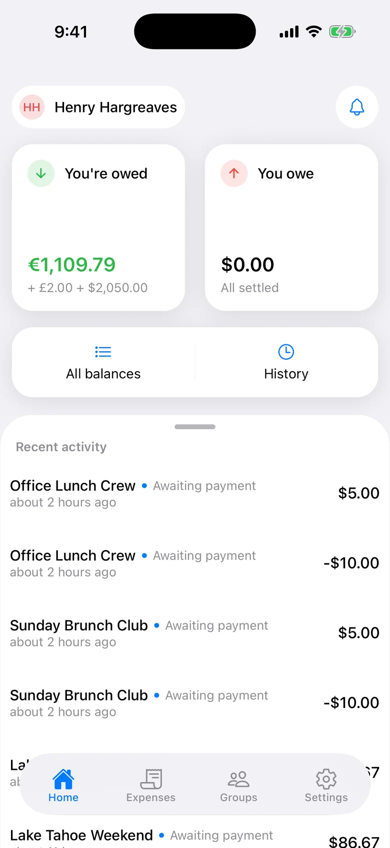 CoPAY home screen showing balances: you're owed €1,109.79 with recent group activity