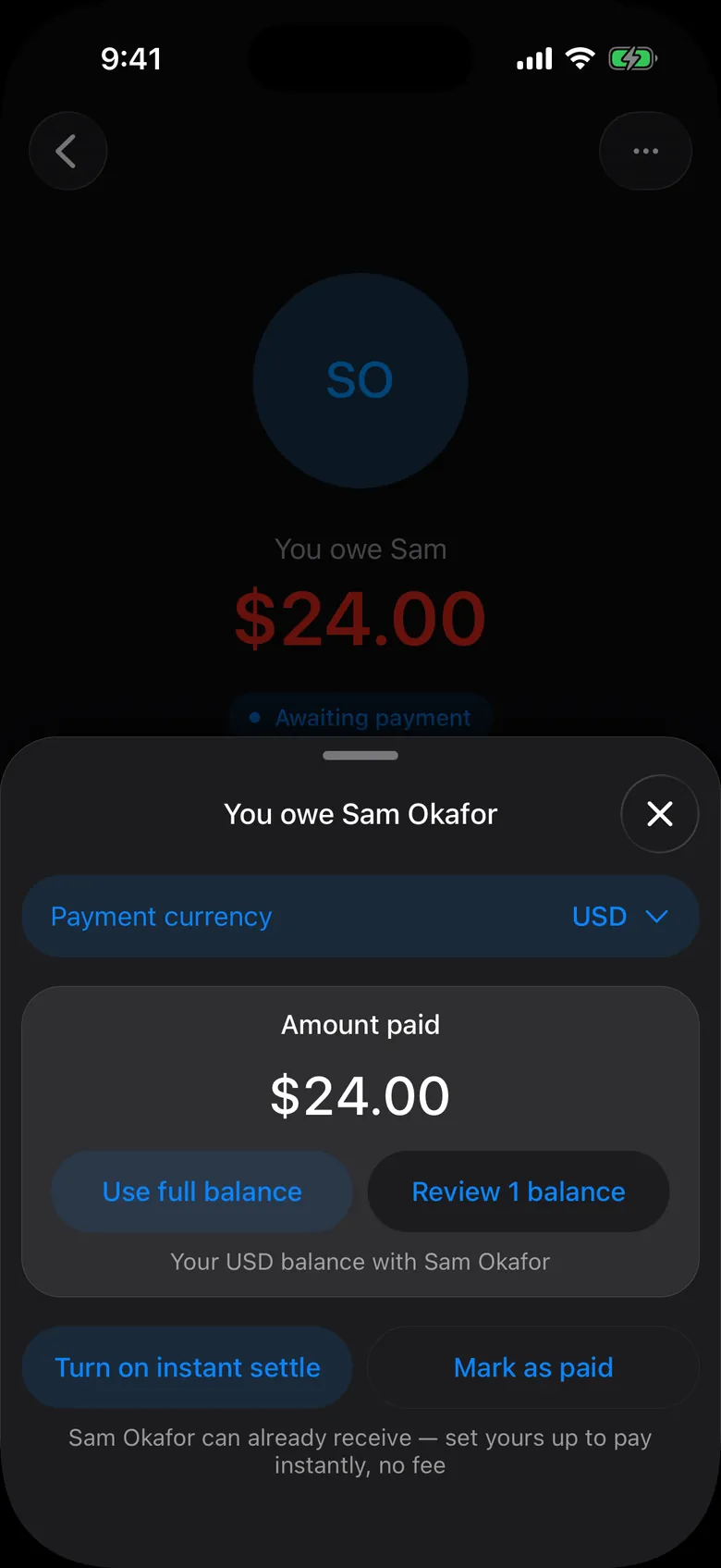 Settling a balance with Sam in CoPAY dark mode, with instant settle offered alongside mark as paid